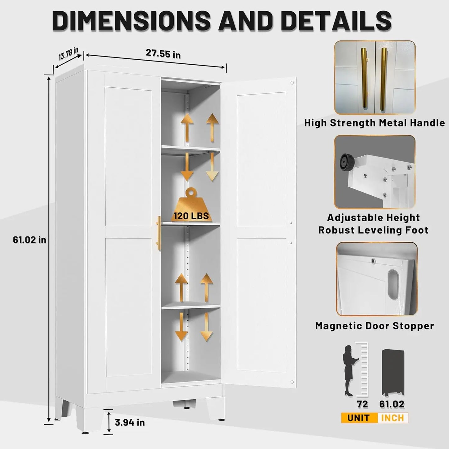Pantry with Doors and Shelves, Adjustable Leveling