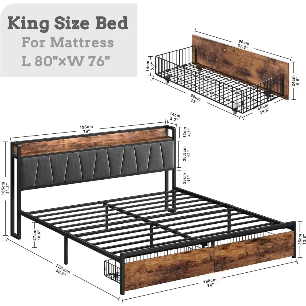 King size with drawers, no need for a box spring,