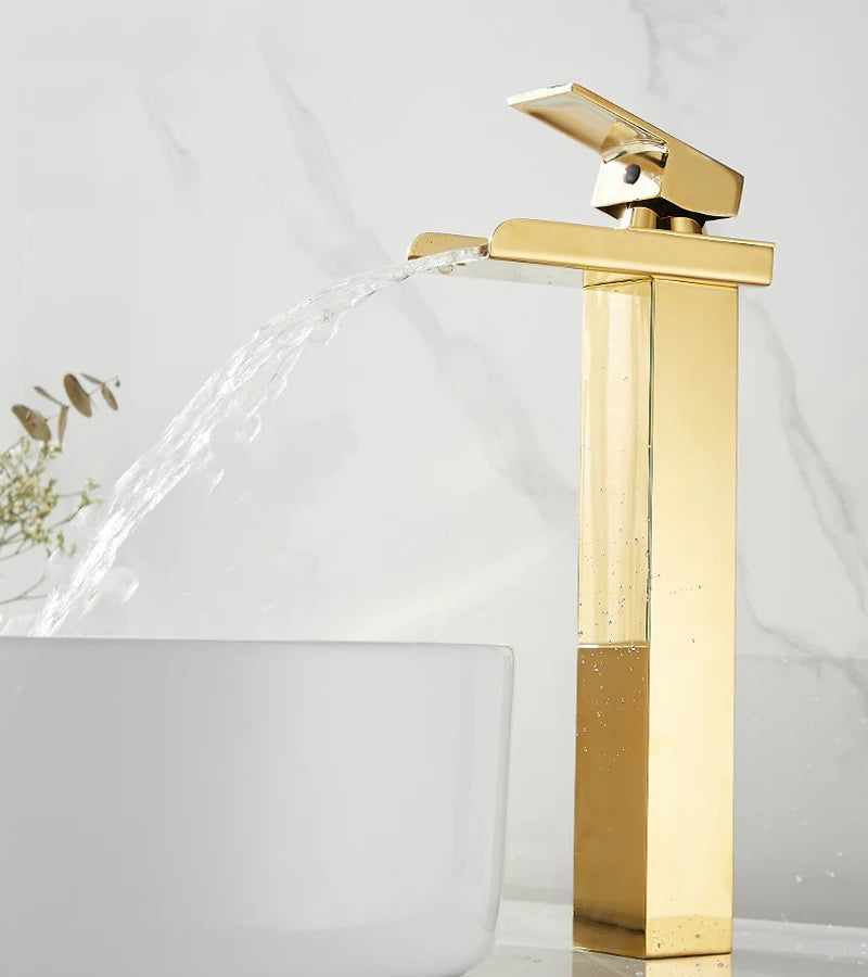 Basin Faucet Gold Waterfall Faucet Bathroom Faucet Deck Mounted Bathroom Toilet Basin Faucet Mixer Tap Hot and Cold Sink Faucet