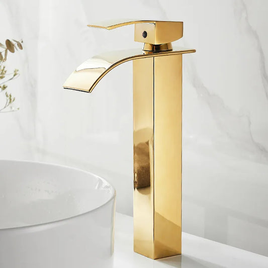 Basin Faucet Gold Waterfall Faucet Bathroom Faucet Deck Mounted Bathroom Toilet Basin Faucet Mixer Tap Hot and Cold Sink Faucet