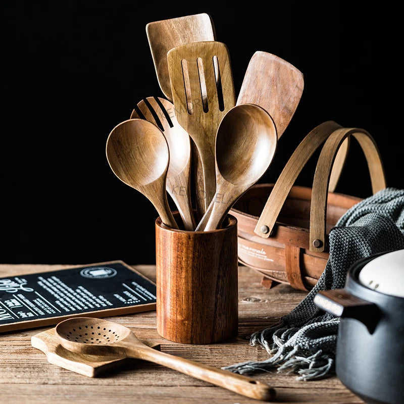 Spoons For Cooking, With Holder, Teak Set