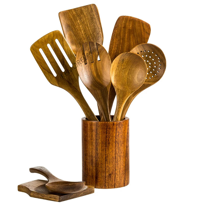 Spoons For Cooking, With Holder, Teak Set