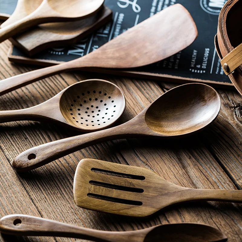 Spoons For Cooking, With Holder, Teak Set