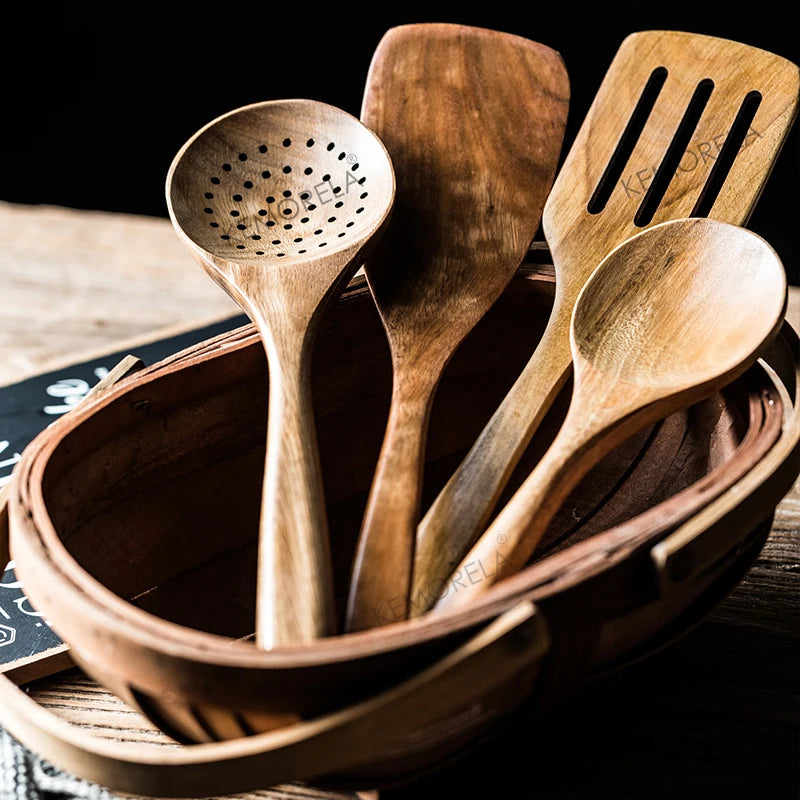 Spoons For Cooking, With Holder, Teak Set