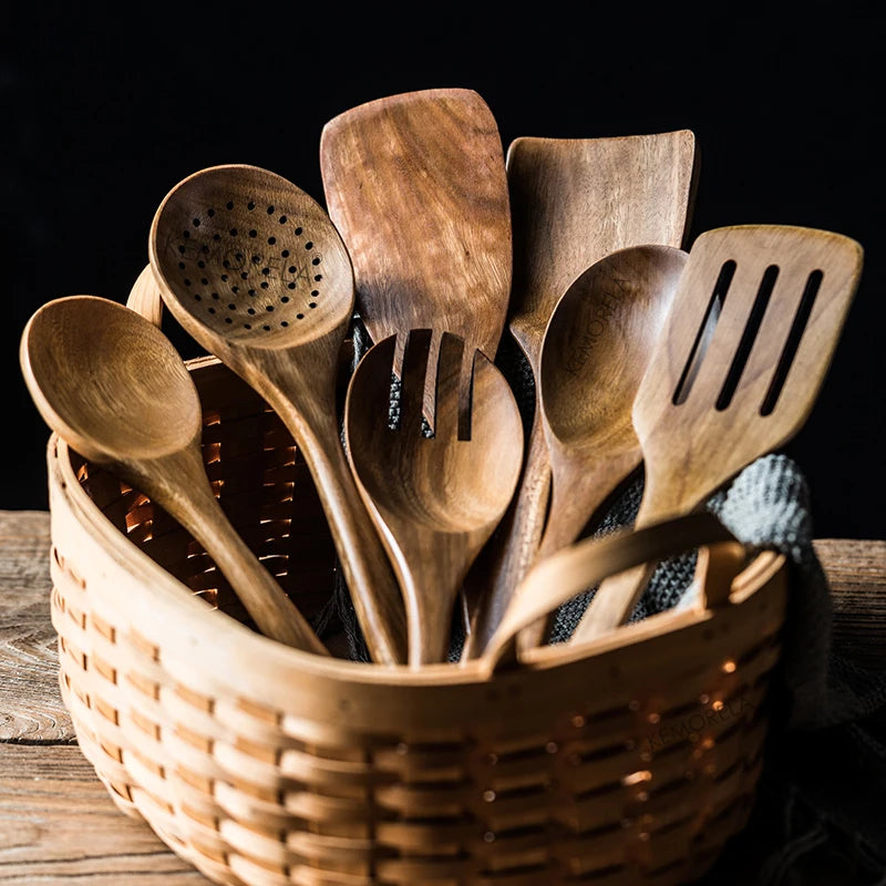 Spoons For Cooking, With Holder, Teak Set