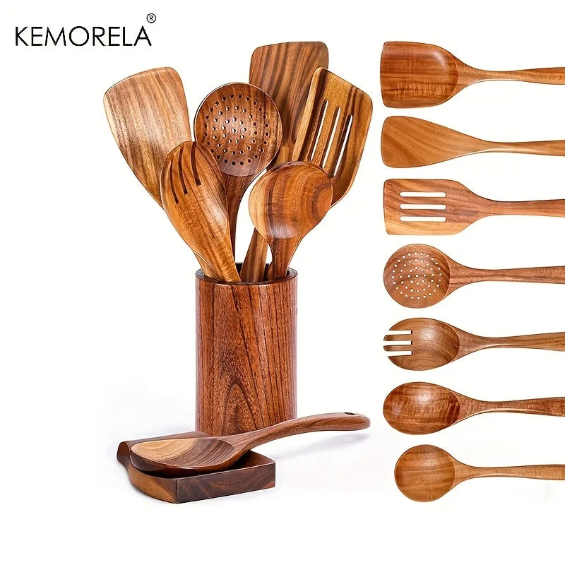 Spoons For Cooking, With Holder, Teak Set